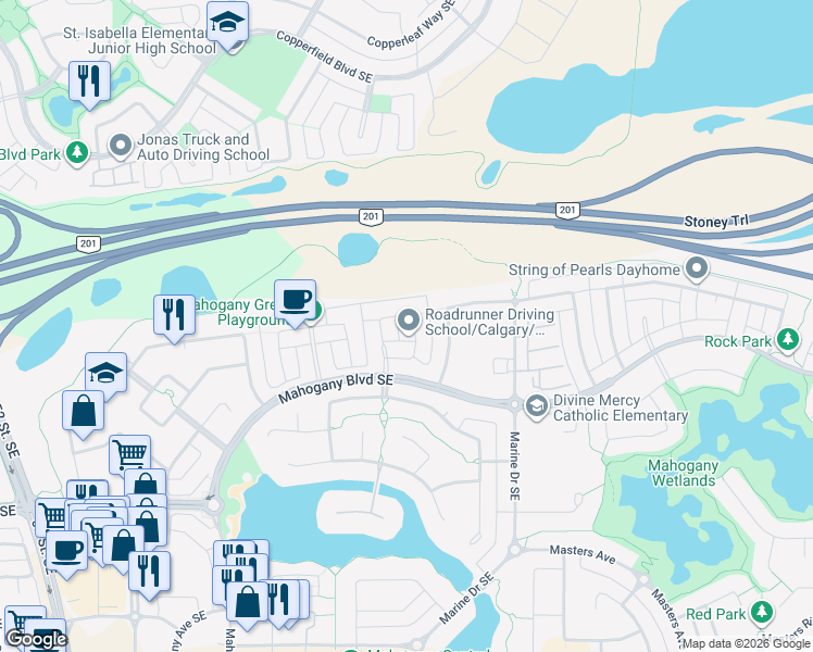 map of restaurants, bars, coffee shops, grocery stores, and more near 142 Mahogany Grove Southeast in Calgary