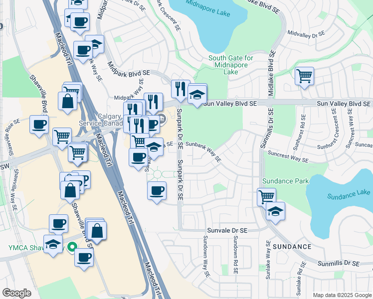 map of restaurants, bars, coffee shops, grocery stores, and more near 15 Sunpark Drive Southeast in Calgary