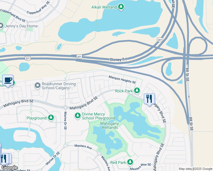 map of restaurants, bars, coffee shops, grocery stores, and more near 15 Marquis Gardens Southeast in Calgary
