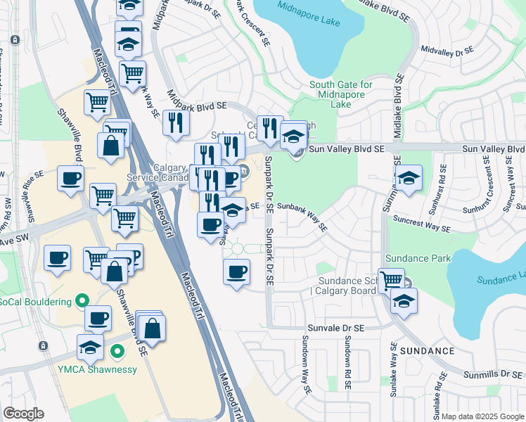 map of restaurants, bars, coffee shops, grocery stores, and more near 47 Sunpark Drive Southeast in Calgary