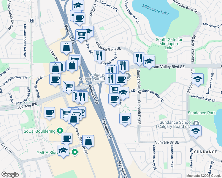map of restaurants, bars, coffee shops, grocery stores, and more near 15 Sunpark Plaza Southeast in Calgary