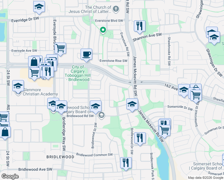 map of restaurants, bars, coffee shops, grocery stores, and more near 274 Bridlewood Circle Southwest in Calgary