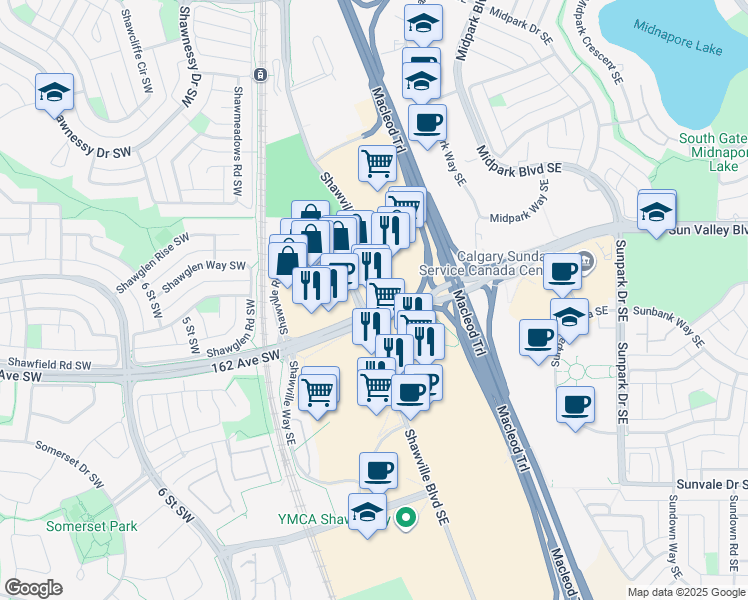 map of restaurants, bars, coffee shops, grocery stores, and more near 70 Shawville Boulevard Southeast in Calgary