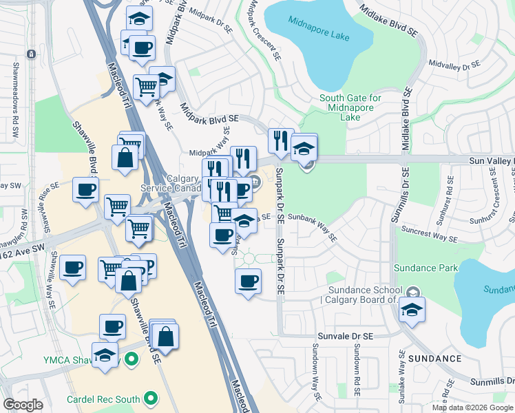 map of restaurants, bars, coffee shops, grocery stores, and more near in Calgary