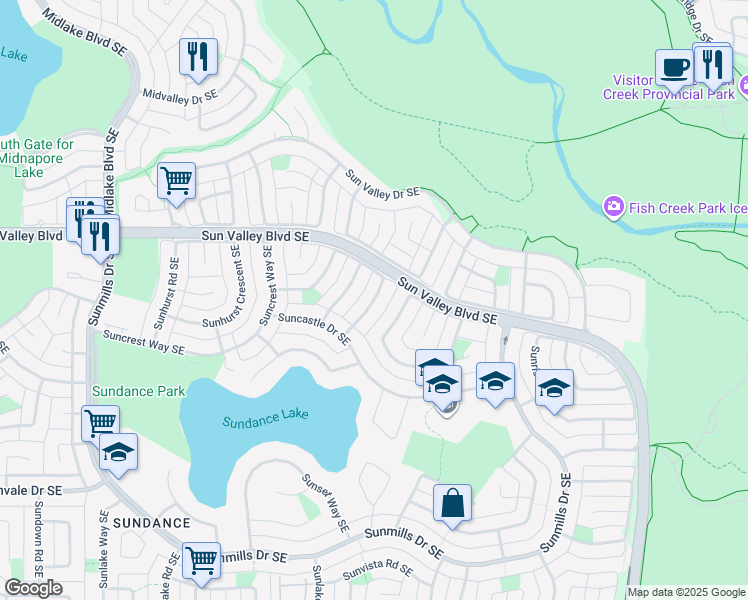 map of restaurants, bars, coffee shops, grocery stores, and more near Sunhaven Road Southeast in Calgary