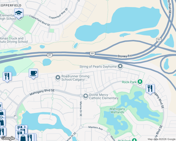 map of restaurants, bars, coffee shops, grocery stores, and more near 166 Marquis Common in Calgary