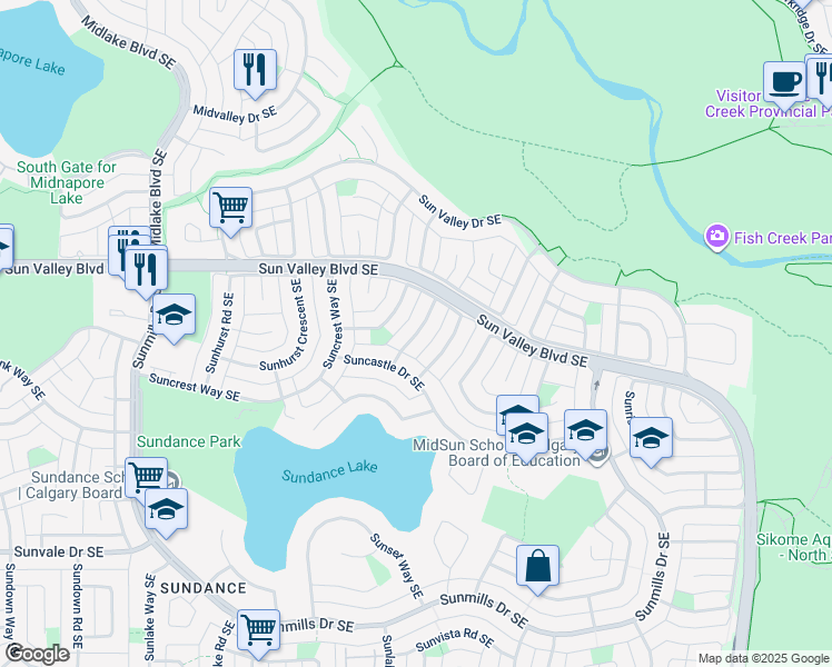 map of restaurants, bars, coffee shops, grocery stores, and more near Sunhaven Link SE in Calgary