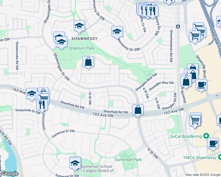 map of restaurants, bars, coffee shops, grocery stores, and more near 99 Shawinigan Drive Southwest in Calgary