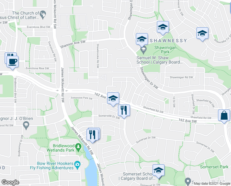 map of restaurants, bars, coffee shops, grocery stores, and more near 319 Shawbrooke Circle Southwest in Calgary