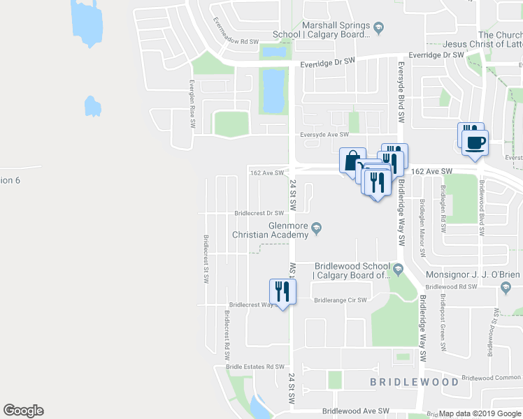 map of restaurants, bars, coffee shops, grocery stores, and more near 8 Bridlecrest Drive Southwest in Calgary