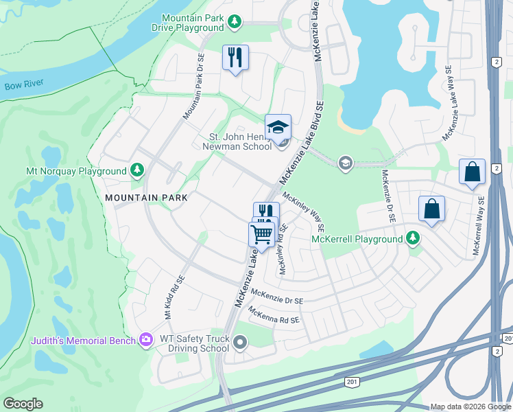 map of restaurants, bars, coffee shops, grocery stores, and more near 129 Mount Sparrowhawk Place Southeast in Calgary