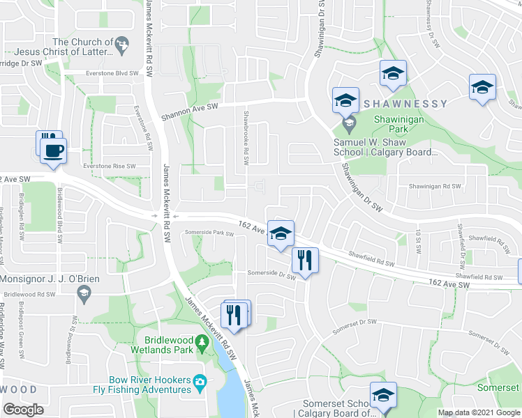 map of restaurants, bars, coffee shops, grocery stores, and more near 220 Shawbrooke Circle Southwest in Calgary