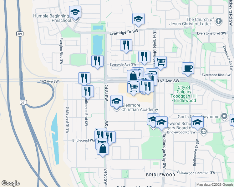 map of restaurants, bars, coffee shops, grocery stores, and more near 16320 24 Street Southwest in Calgary