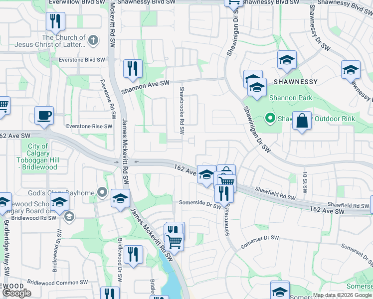 map of restaurants, bars, coffee shops, grocery stores, and more near 220 Shawbrooke Circle Southwest in Calgary