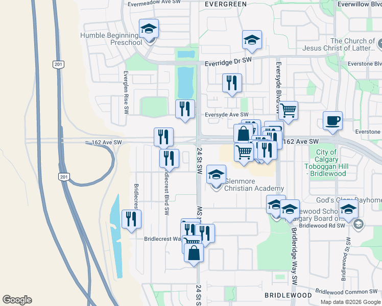 map of restaurants, bars, coffee shops, grocery stores, and more near 8 Bridlecrest Drive Southwest in Calgary