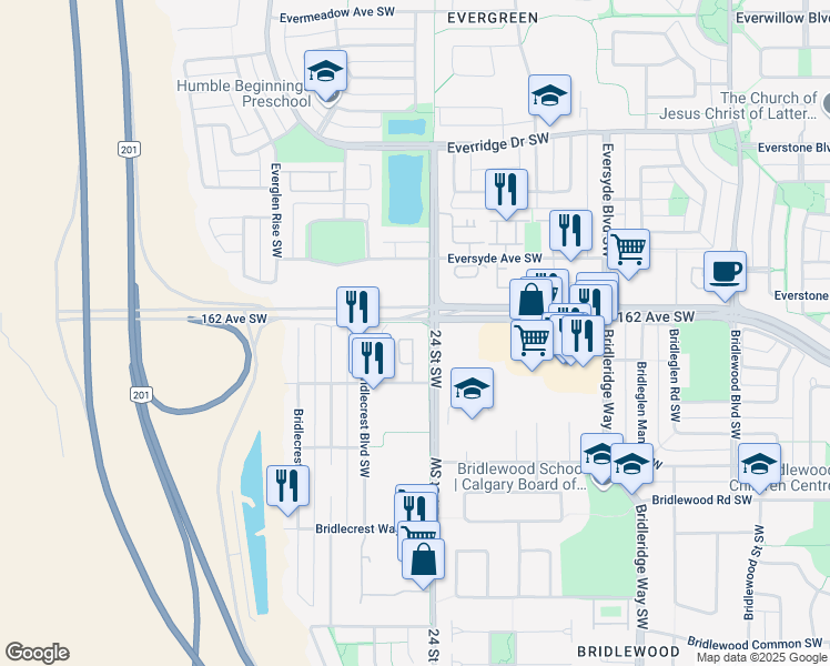 map of restaurants, bars, coffee shops, grocery stores, and more near 8 Bridlecrest Drive Southwest in Calgary