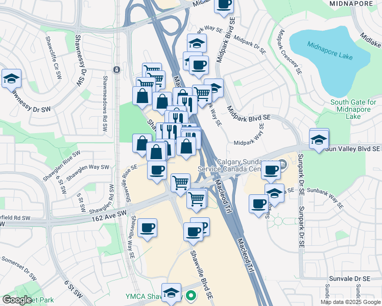 map of restaurants, bars, coffee shops, grocery stores, and more near 70 Shawville Boulevard Southeast in Calgary