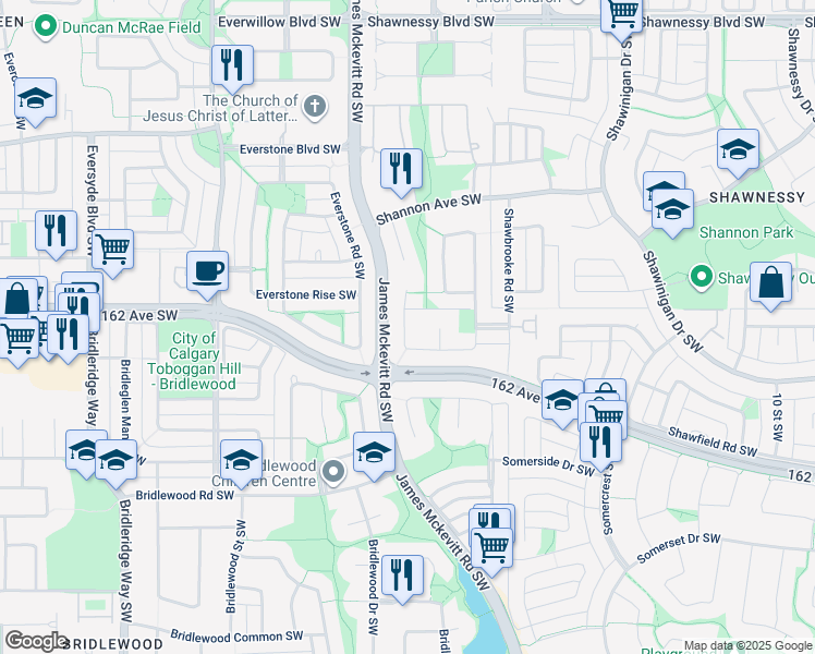 map of restaurants, bars, coffee shops, grocery stores, and more near 200 R Shawbrooke Manor Southwest in Calgary