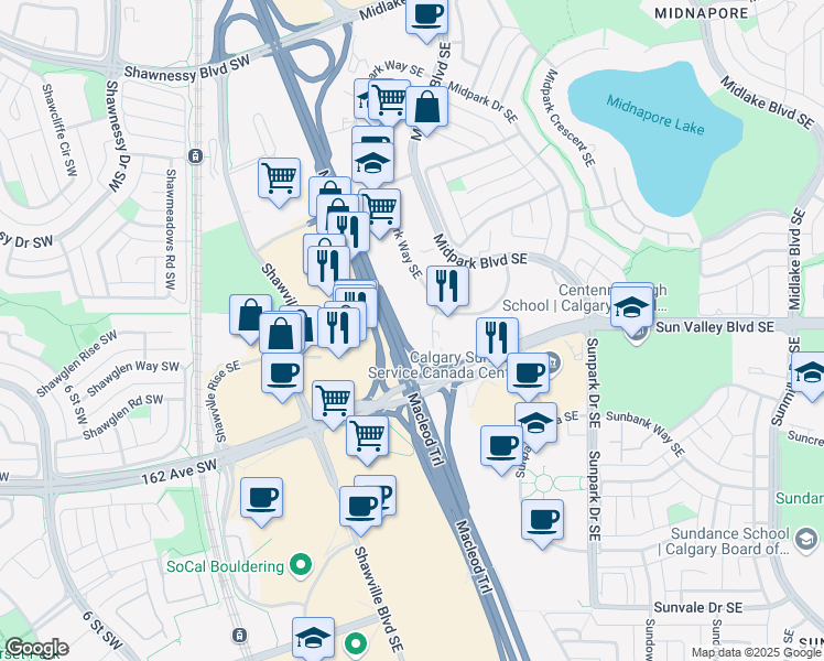 map of restaurants, bars, coffee shops, grocery stores, and more near 380 Midpark Way Southeast in Calgary
