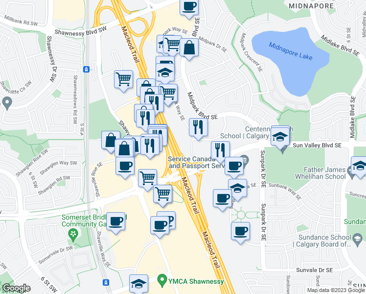 map of restaurants, bars, coffee shops, grocery stores, and more near 380 Midpark Way Southeast in Calgary