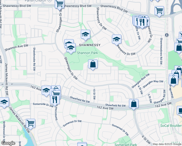 map of restaurants, bars, coffee shops, grocery stores, and more near 218 Shawinigan Court Southwest in Calgary