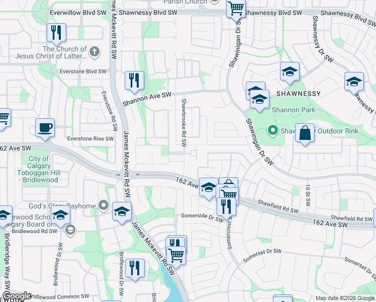 map of restaurants, bars, coffee shops, grocery stores, and more near 115 Shawbrooke Crescent Southwest in Calgary
