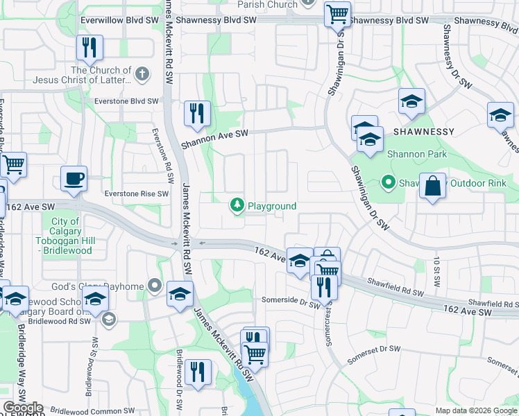 map of restaurants, bars, coffee shops, grocery stores, and more near 8 Shawbrooke Green Southwest in Calgary