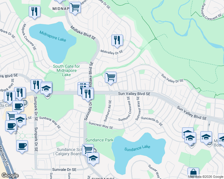 map of restaurants, bars, coffee shops, grocery stores, and more near 4 Sun Valley Drive Southeast in Calgary