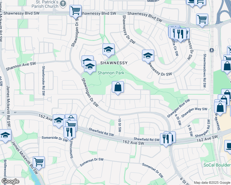 map of restaurants, bars, coffee shops, grocery stores, and more near 218 Shawinigan Court Southwest in Calgary