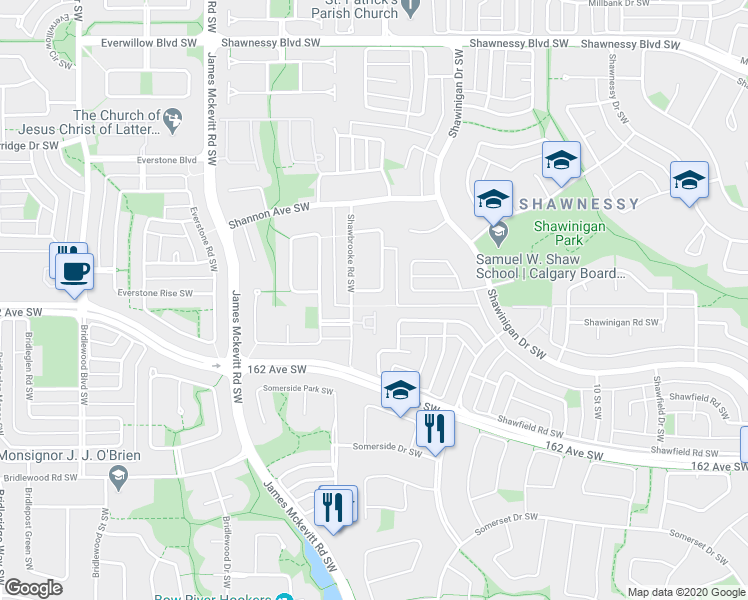map of restaurants, bars, coffee shops, grocery stores, and more near 115 Shawbrooke Crescent Southwest in Calgary