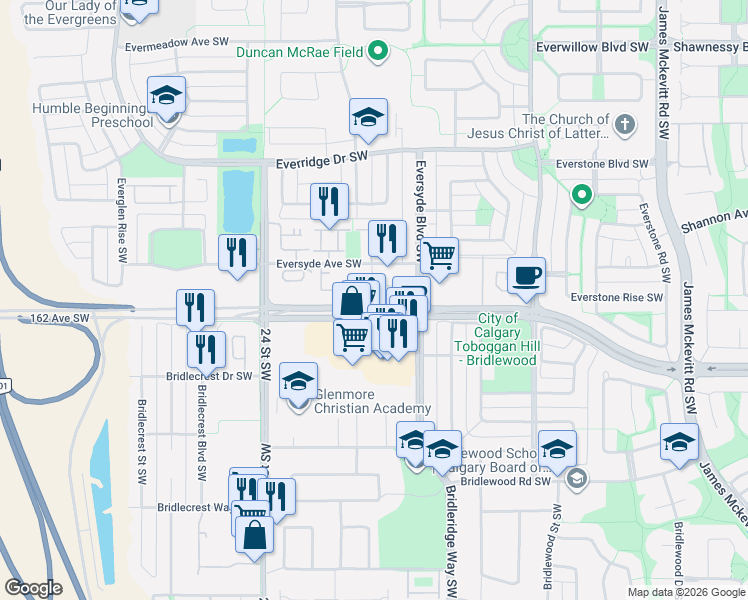 map of restaurants, bars, coffee shops, grocery stores, and more near in Calgary