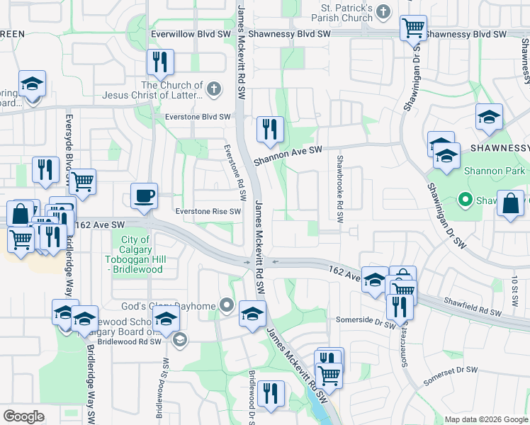 map of restaurants, bars, coffee shops, grocery stores, and more near 173 Shawbrooke Green Southwest in Calgary