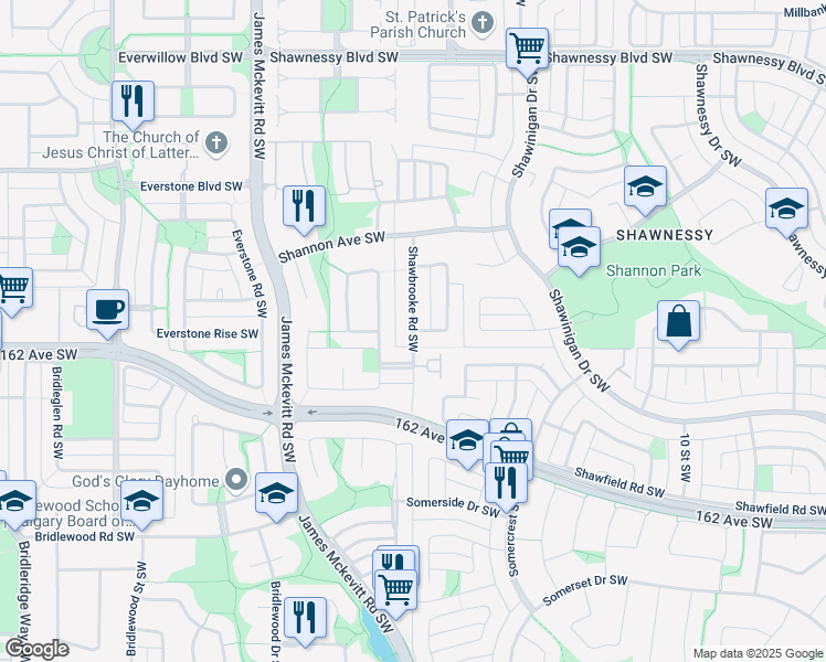 map of restaurants, bars, coffee shops, grocery stores, and more near Shawbrooke Road Southwest in Calgary
