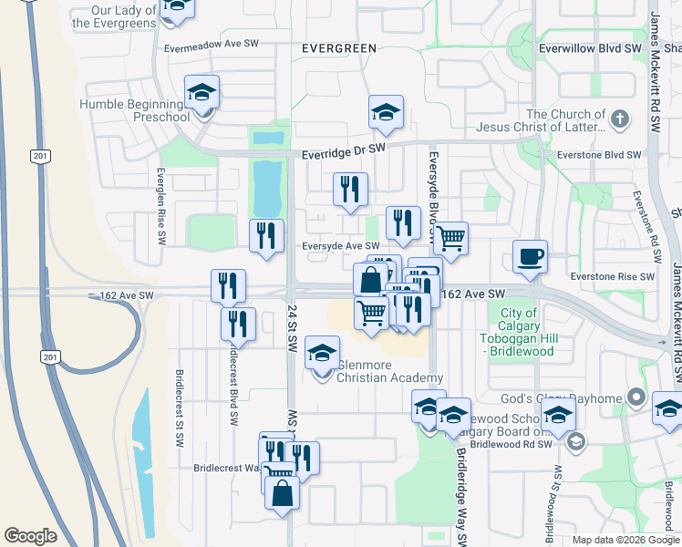 map of restaurants, bars, coffee shops, grocery stores, and more near 2371 Eversyde Avenue Southwest in Calgary