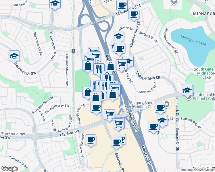 map of restaurants, bars, coffee shops, grocery stores, and more near 16061 Macleod Trail Southeast in Calgary