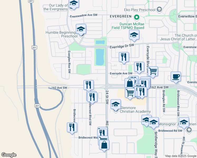 map of restaurants, bars, coffee shops, grocery stores, and more near 2511 Eversyde Avenue Southwest in Calgary