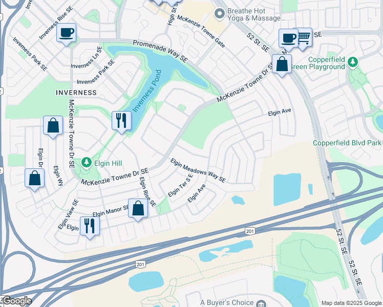 map of restaurants, bars, coffee shops, grocery stores, and more near Elgin Meadows Link Southeast in Calgary
