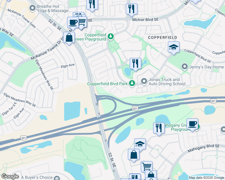 map of restaurants, bars, coffee shops, grocery stores, and more near 165 Copperfield Mews Southeast in Calgary