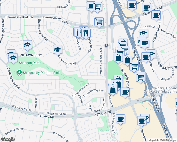 map of restaurants, bars, coffee shops, grocery stores, and more near 115 Shawmeadows Crescent Southwest in Calgary