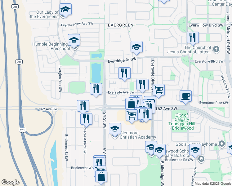 map of restaurants, bars, coffee shops, grocery stores, and more near 2395 Eversyde Avenue Southwest in Calgary