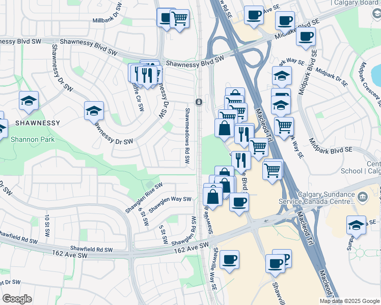 map of restaurants, bars, coffee shops, grocery stores, and more near 112 Shawmeadows Road Southwest in Calgary