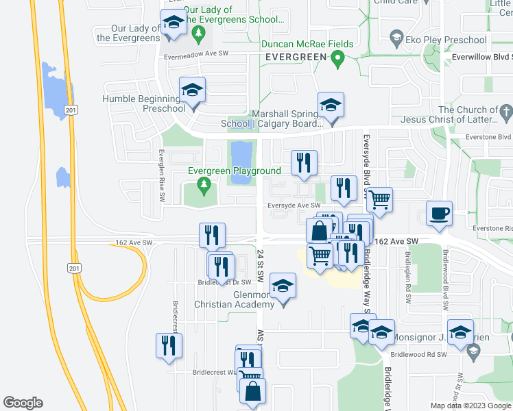map of restaurants, bars, coffee shops, grocery stores, and more near 2500 Eversyde Avenue Southwest in Calgary