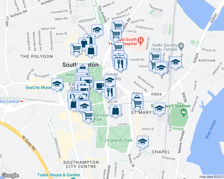 map of restaurants, bars, coffee shops, grocery stores, and more near East Park Terrace in Southampton