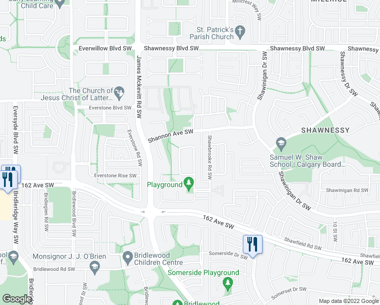 map of restaurants, bars, coffee shops, grocery stores, and more near 65 Shawbrooke Manor Southwest in Calgary