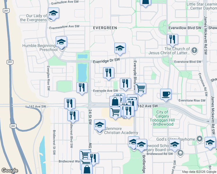 map of restaurants, bars, coffee shops, grocery stores, and more near Eversyde Point Southwest in Calgary
