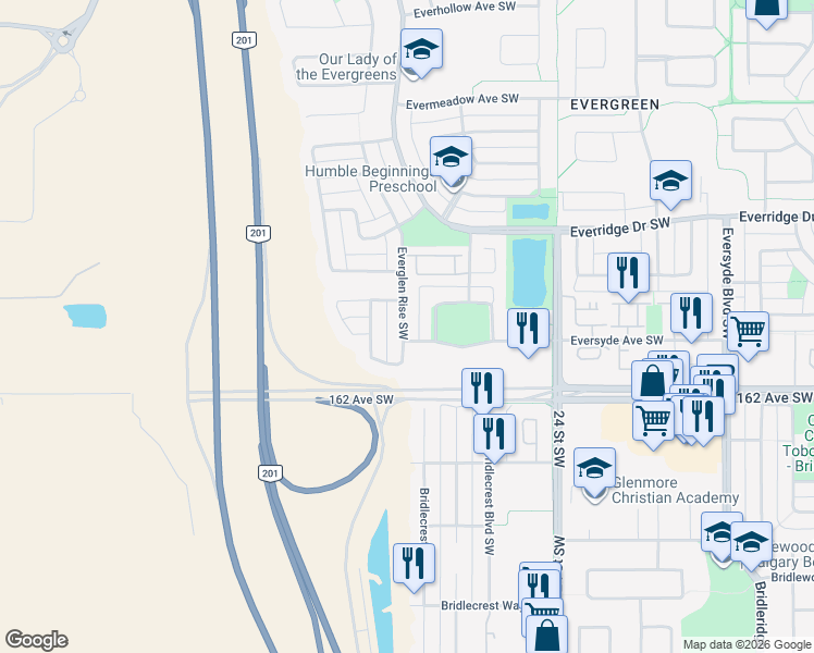 map of restaurants, bars, coffee shops, grocery stores, and more near 156 Everglen Rise Southwest in Calgary