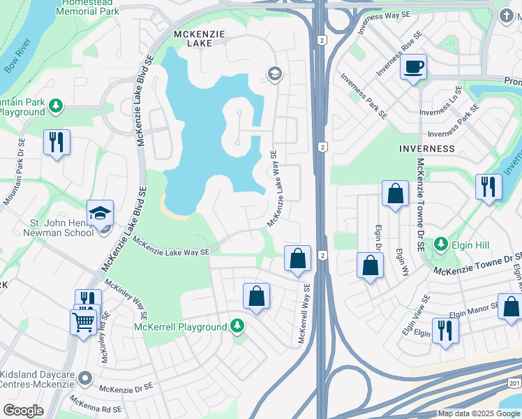 map of restaurants, bars, coffee shops, grocery stores, and more near 19 Mckenzie Lake Landing Southeast in Calgary