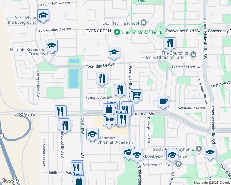 map of restaurants, bars, coffee shops, grocery stores, and more near 151 Eversyde Common Southwest in Calgary