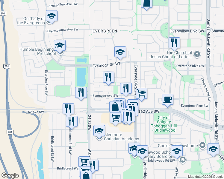 map of restaurants, bars, coffee shops, grocery stores, and more near in Calgary