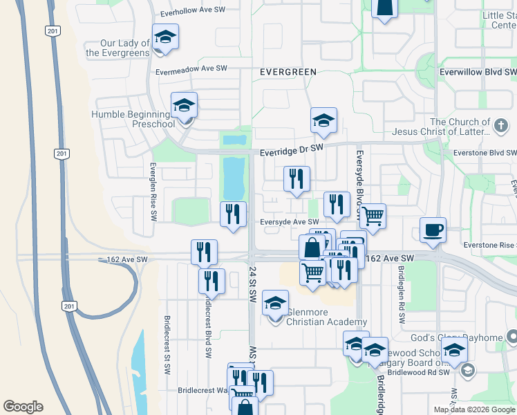 map of restaurants, bars, coffee shops, grocery stores, and more near 15 Everridge Square Southwest in Calgary
